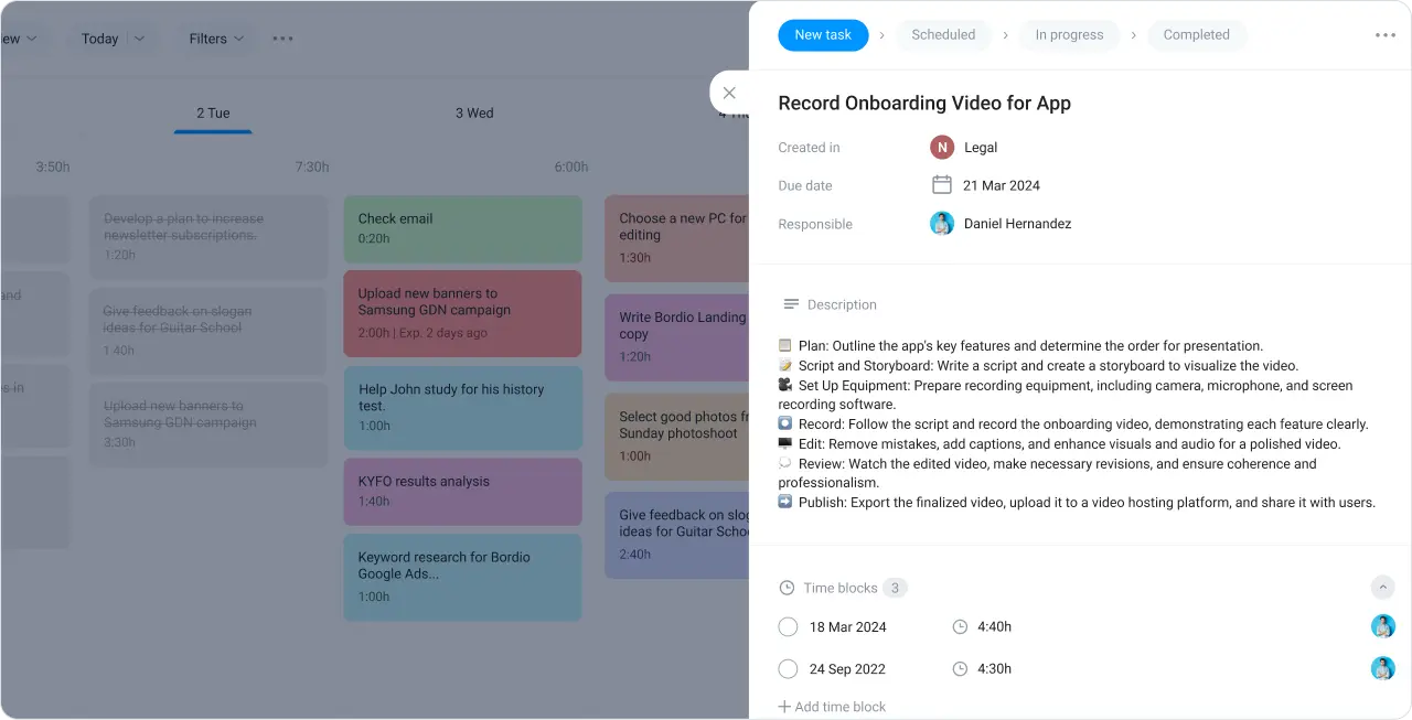Task information in daily schedule maker