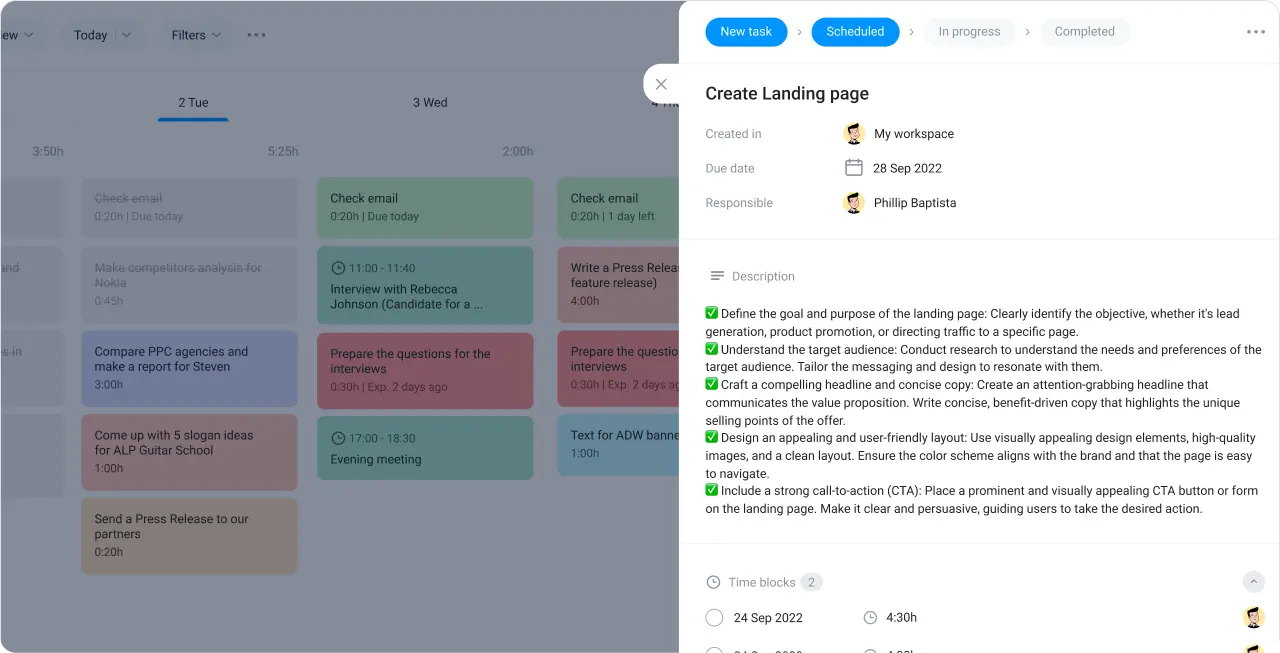 Task details in the online planner
