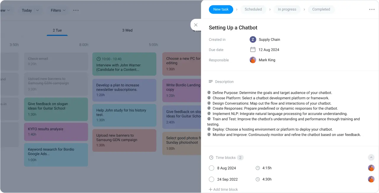 Opened task card in the schedule maker