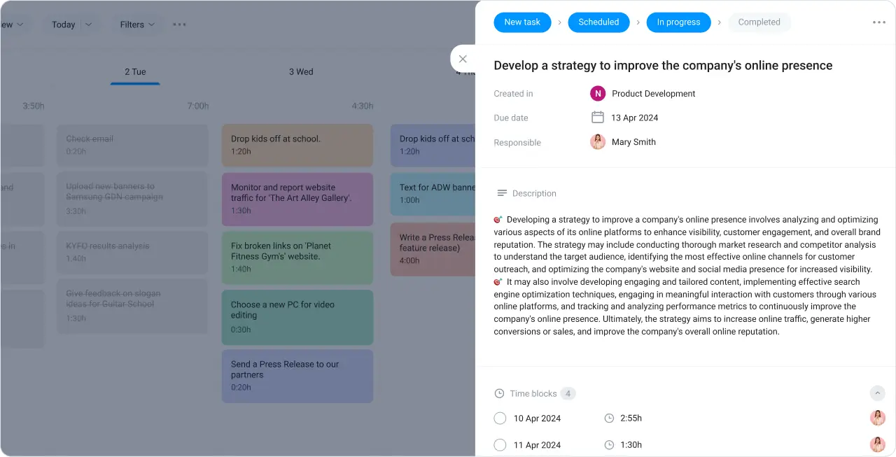 Task parametrs in the task planner app