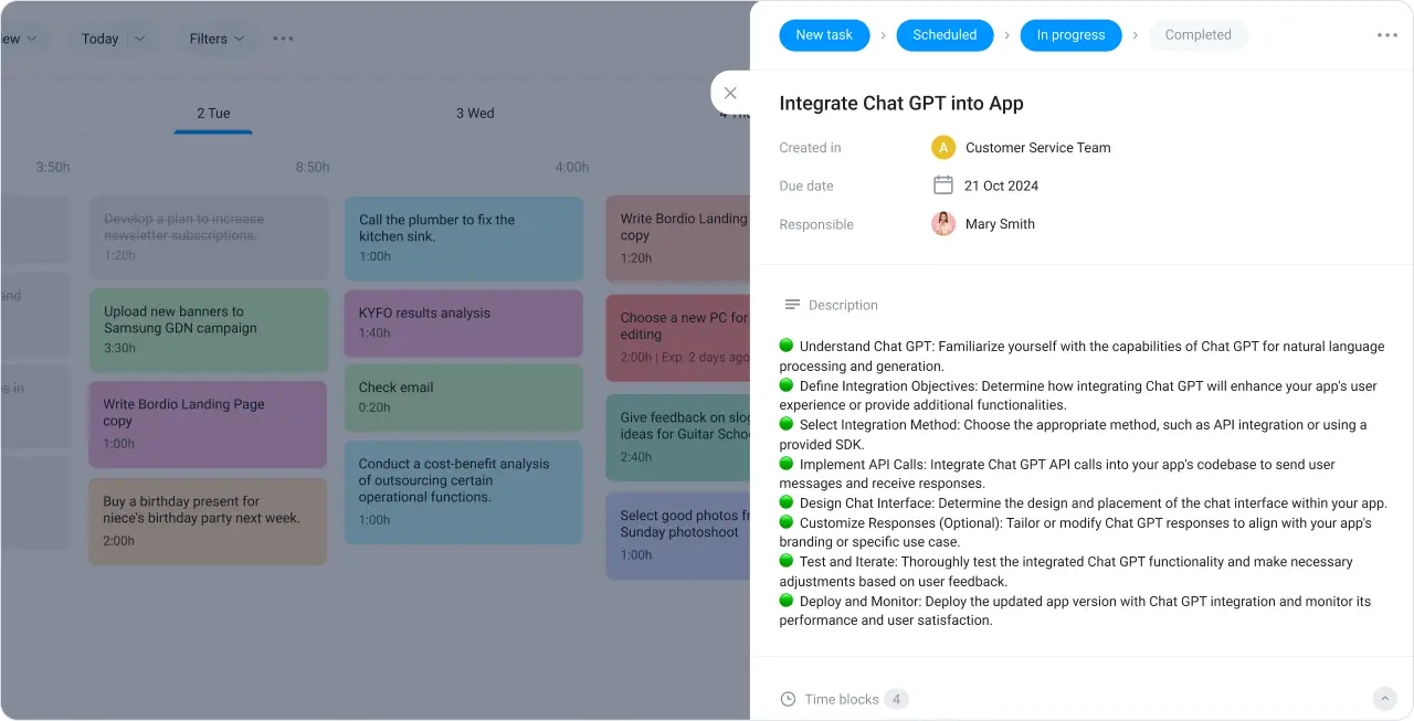 Task details in the time manager