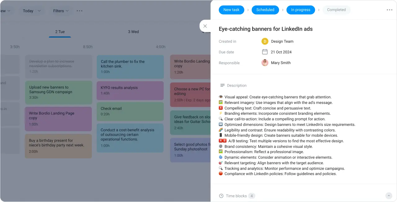 Manage tasks in the time organizer